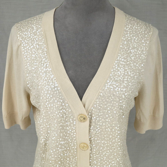Talbots Sweater Petites MP PM Ivory Cardigan Sequins Buttons V neck Neutral - Picture 7 of 12